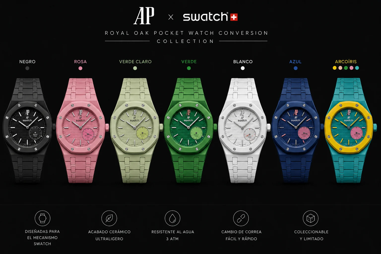 Los 7 acabados de Pocketstrap junto a sus relojes Swatch × AP